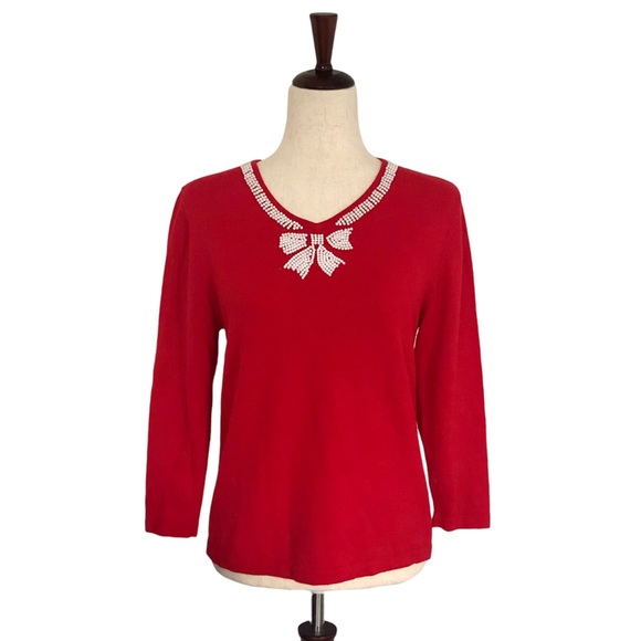 Cathy Daniels Sweaters - Vintage Cathy Daniels Beaded Bow Detail Lightweight Sweater, Red Size Small